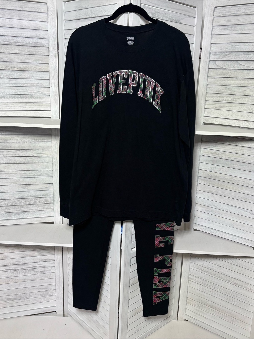PINK Victoria’s Secret Plaid Logo Long Sleeve Leggings Set Large